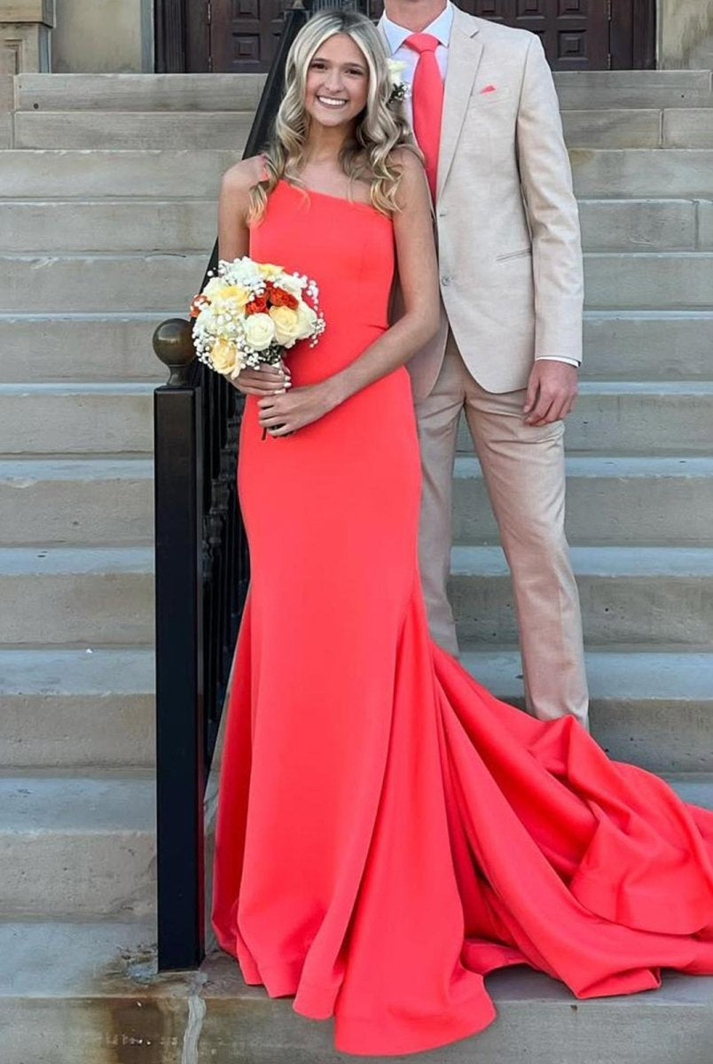 Adley | One Shoulder Mermaid Sleeveless Satin Prom Dress with Train - KissProm