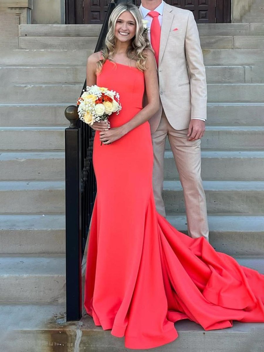 Adley | One Shoulder Mermaid Sleeveless Satin Prom Dress with Train - KissProm