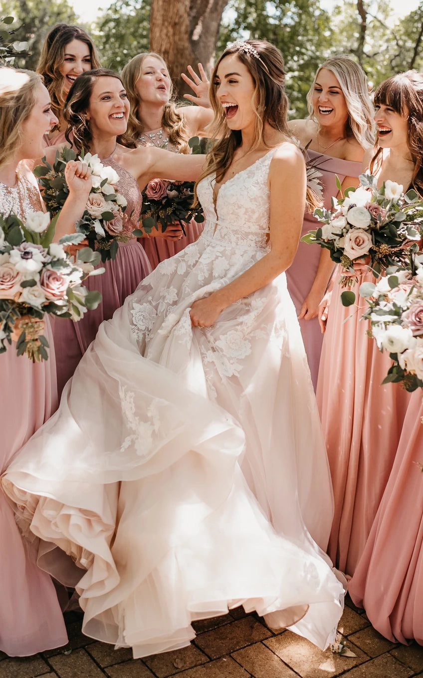 Adorable A-Line Lace Wedding Dress With Appliques And Illusion Deep-V Back