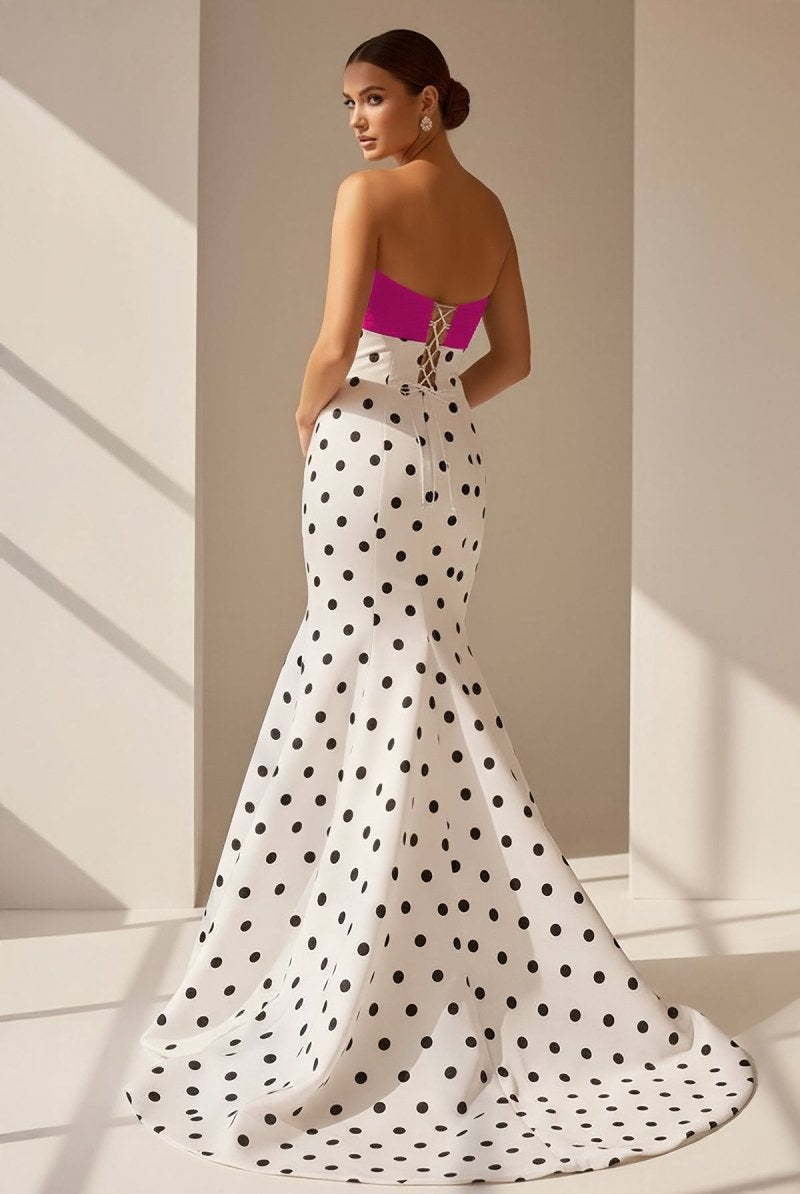 Adrie | White - Strapless Polka Dots Satin Mermaid Long Formal Prom Dresses With Flower - KissProm