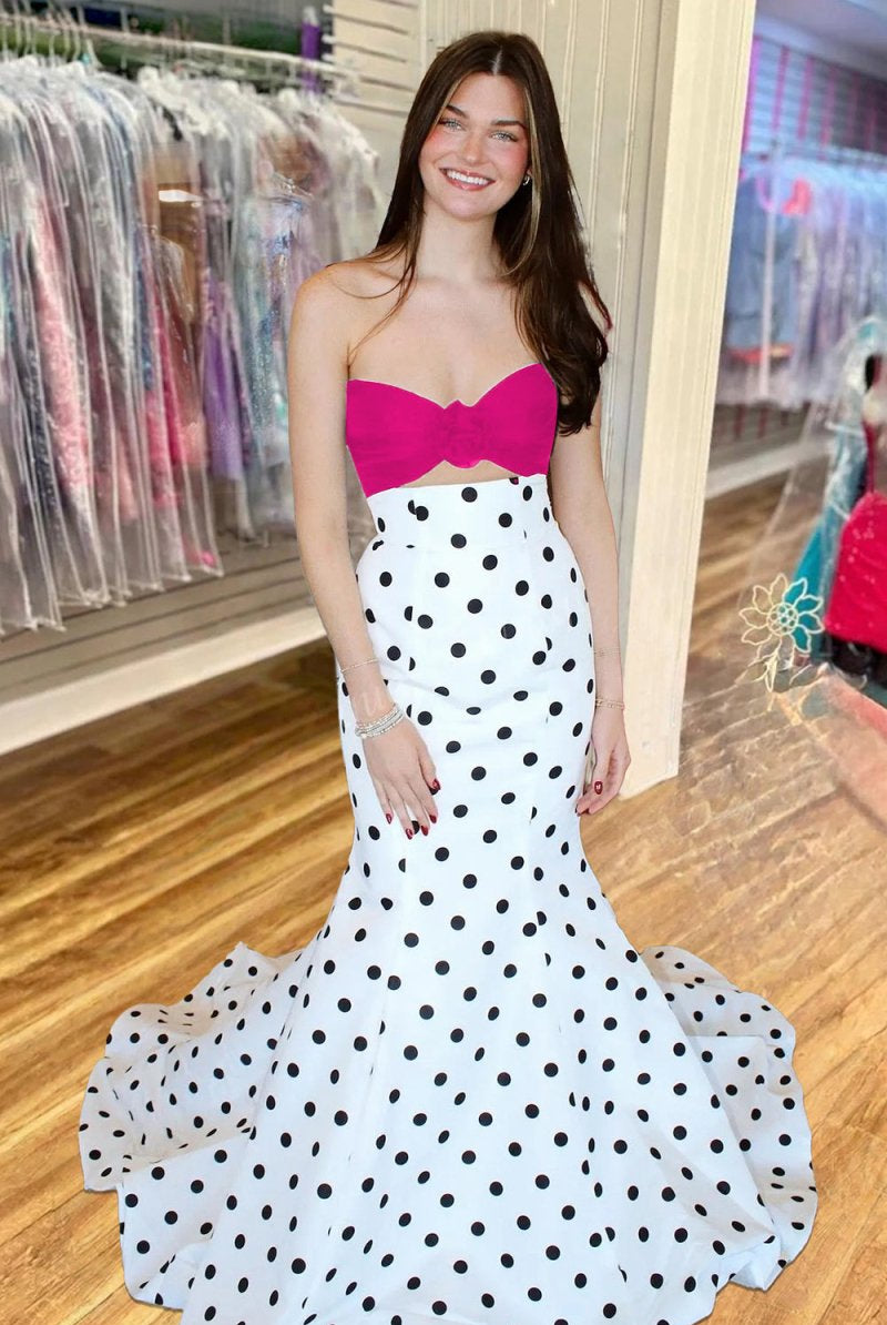 Adrie | White - Strapless Polka Dots Satin Mermaid Long Formal Prom Dresses With Flower - KissProm