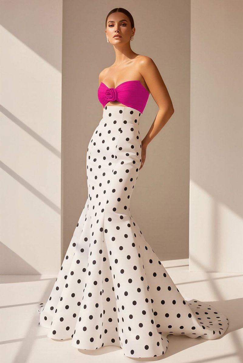 Adrie | White - Strapless Polka Dots Satin Mermaid Long Formal Prom Dresses With Flower - KissProm