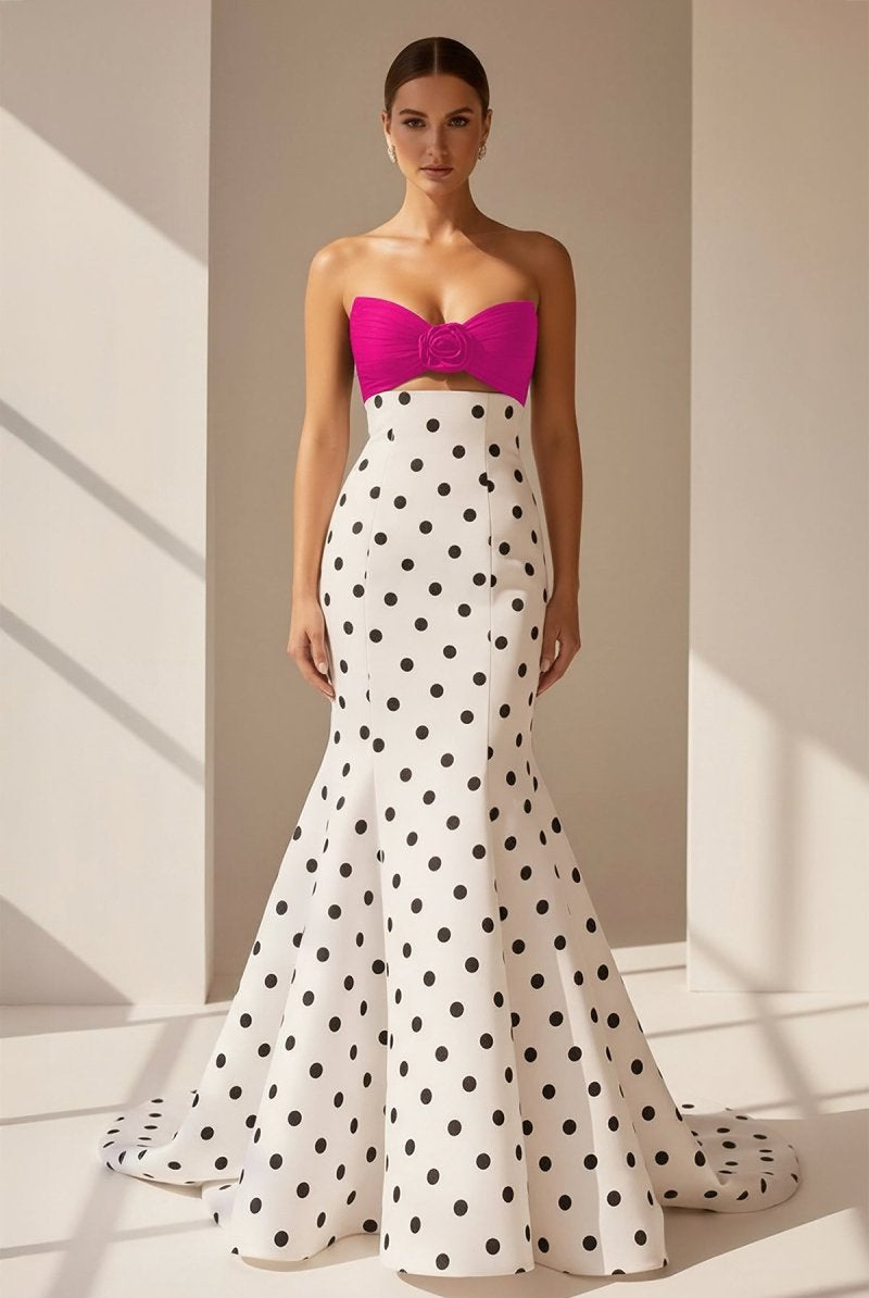 Adrie | White - Strapless Polka Dots Satin Mermaid Long Formal Prom Dresses With Flower - KissProm