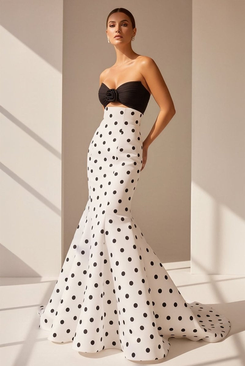 Adrie | White - Strapless Polka Dots Satin Mermaid Long Formal Prom Dresses With Flower - KissProm