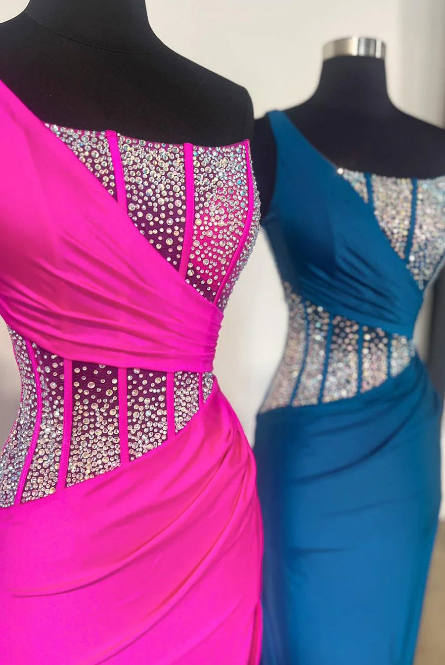 Laylani | Blue Mermaid One Shoulder Long Prom Dresses with Beaded