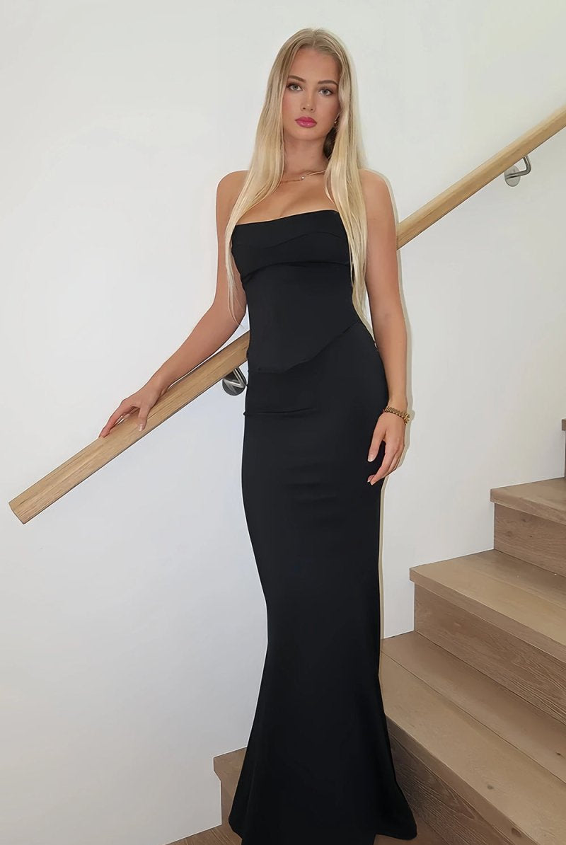 Aegir | Black - Strapless Sleeveless Mermaid Satin Long Prom Dresses - KissProm