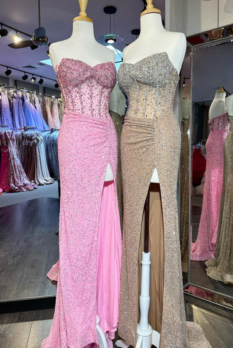 Aeliana | Pink Strapless Sequins Mermaid Long Prom Dress With Split