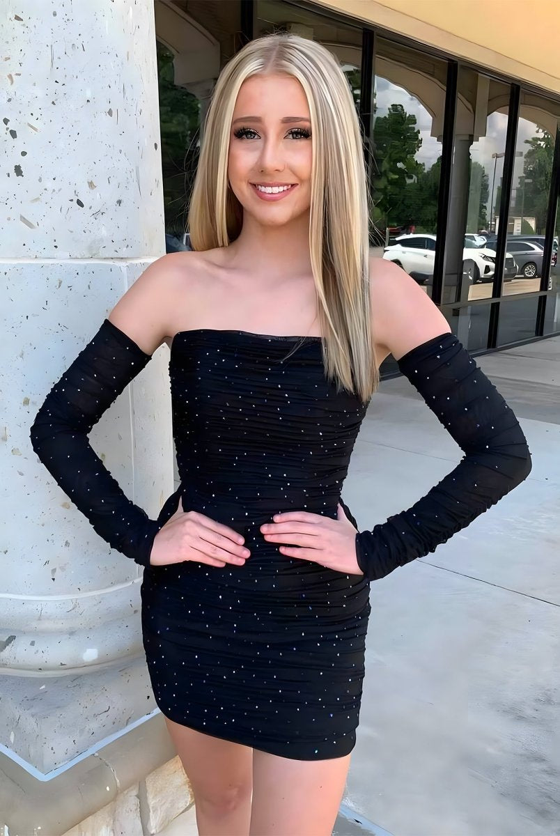 Aelred | Black - Bodycon Strapless Satin Homecoming Dresses With Beading