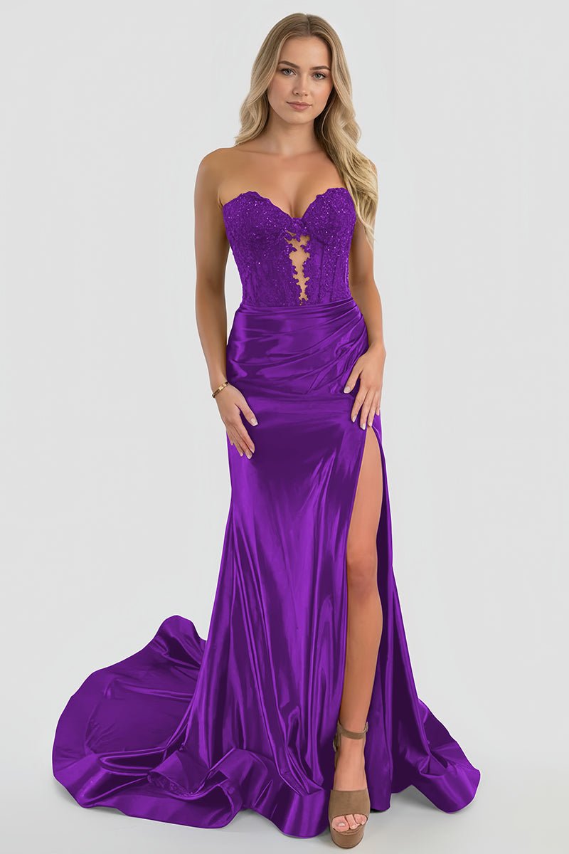 Aeth | Royal Blue Strapless Lace Mermaid Long Prom Dresses With Slit - KissProm