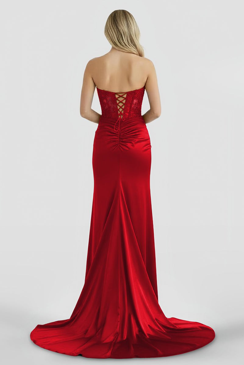 Aeth | Royal Blue Strapless Lace Mermaid Long Prom Dresses With Slit - KissProm