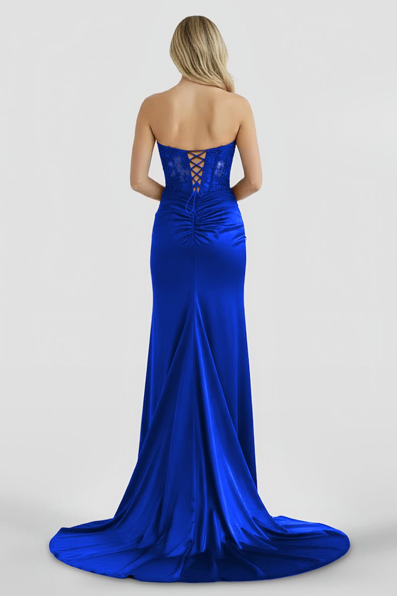 Aeth | Royal Blue Strapless Lace Mermaid Long Prom Dresses With Slit - KissProm