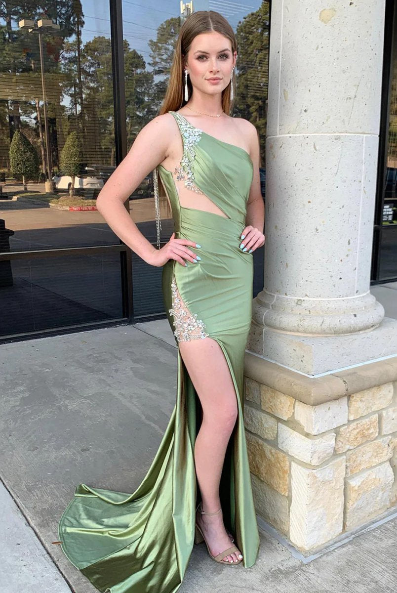 Aethera | Sage Beaded Mermaid One Shoulder Satin Prom Dress with Slit - KissProm