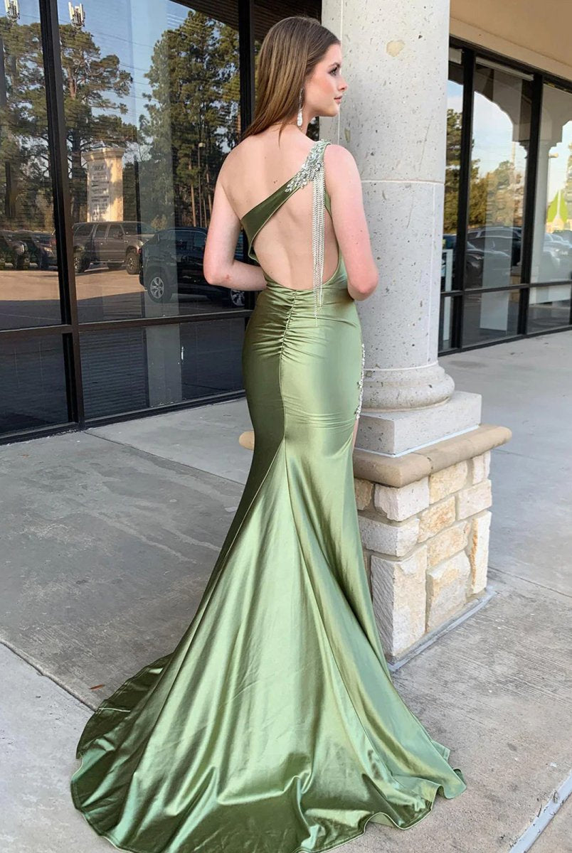 Aethera | Sage Beaded Mermaid One Shoulder Satin Prom Dress with Slit - KissProm
