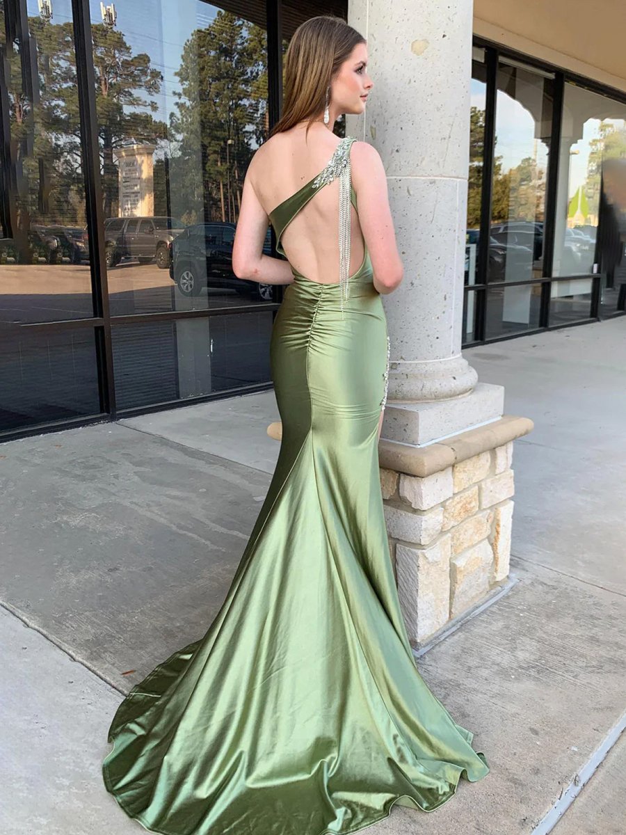 Aethera | Sage Beaded Mermaid One Shoulder Satin Prom Dress with Slit - KissProm