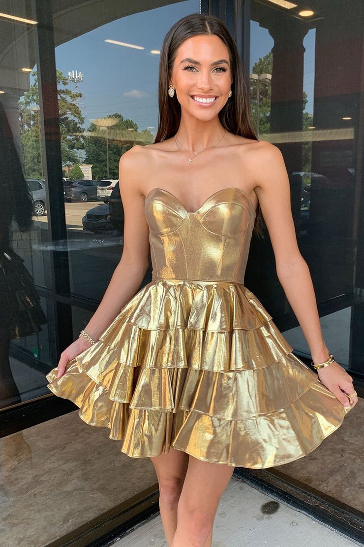 Sweetheart Gold Metallic A-Line Ruffle Homecoming Dress Gold / 4 Sweetheart Gold Metallic A-Line Ruffle Homecoming Dress Gold / 4