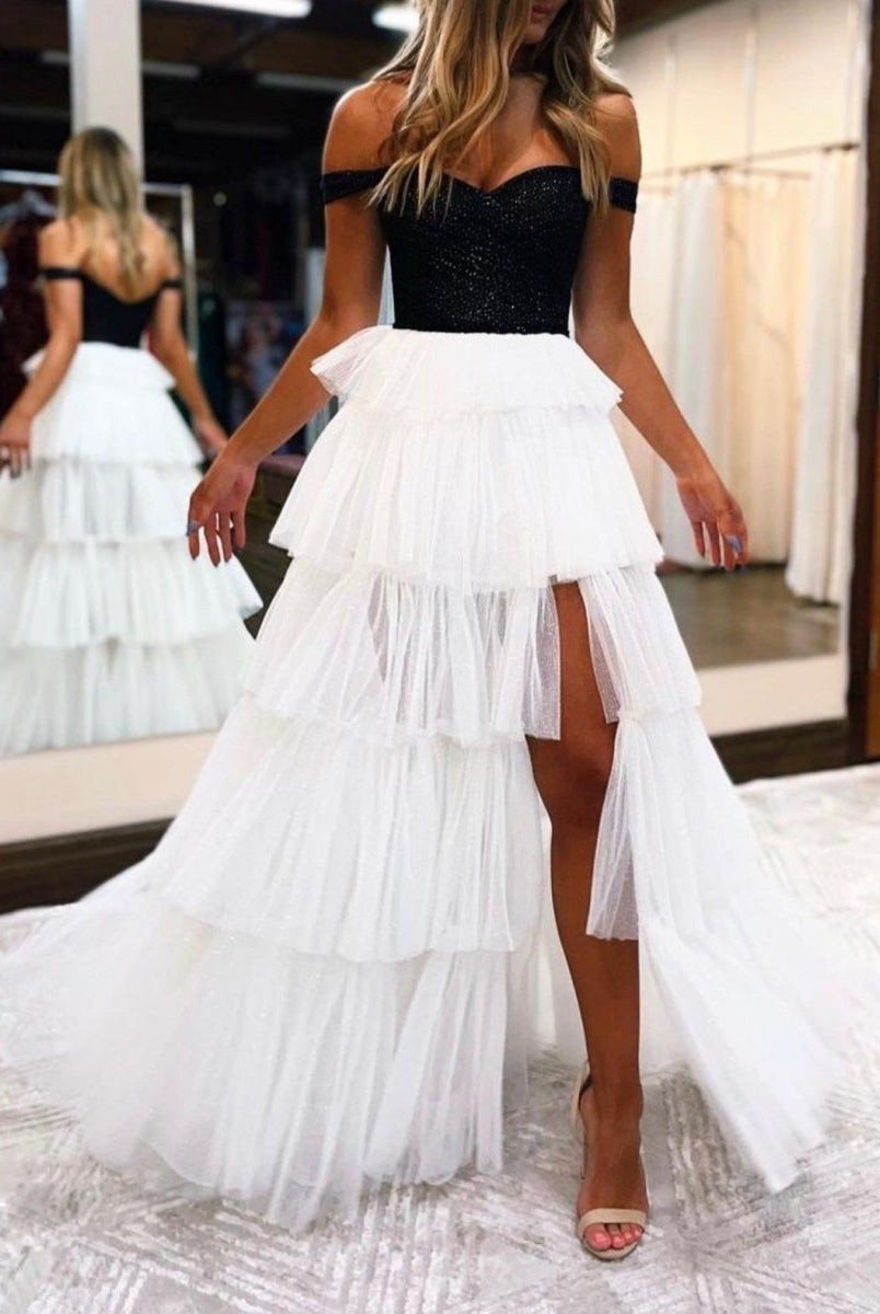 Black And White A-Line Strapless Tiered Long Prom Dress