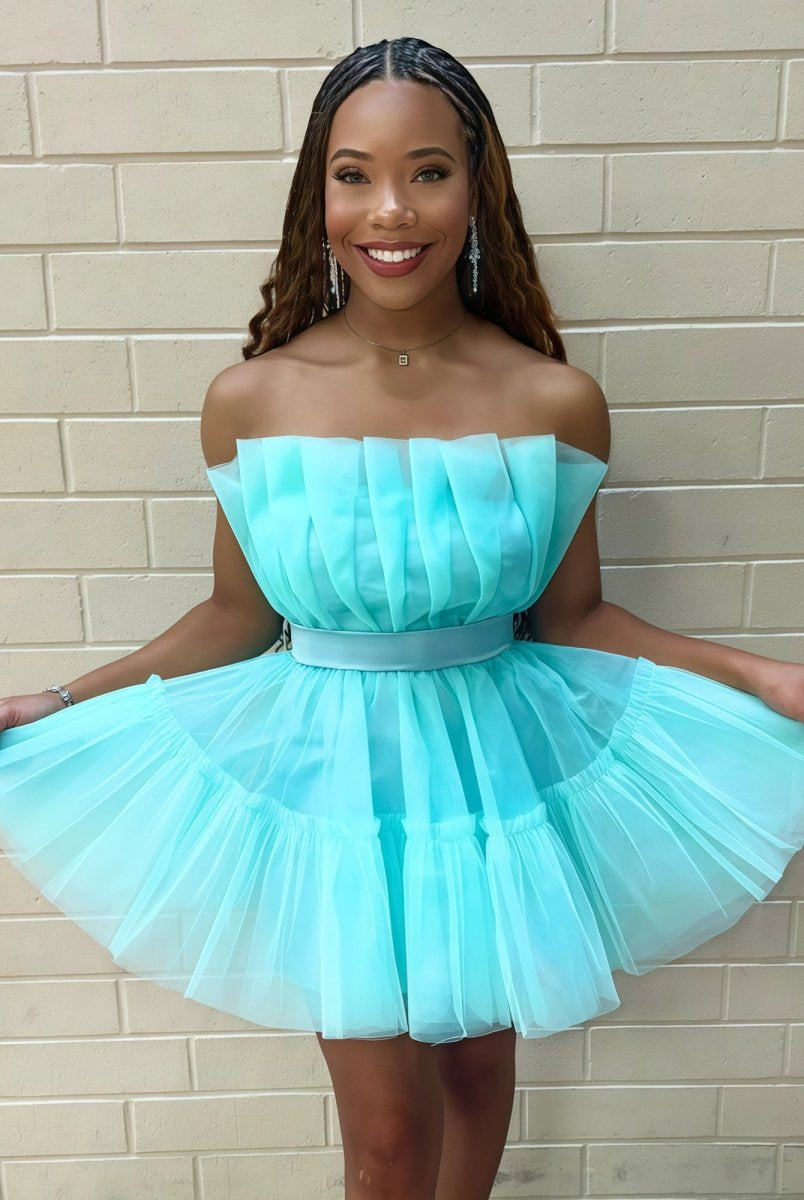 Aicha | Turquoise - Strapless A-Line Ruffles Tulle Homecoming Dress