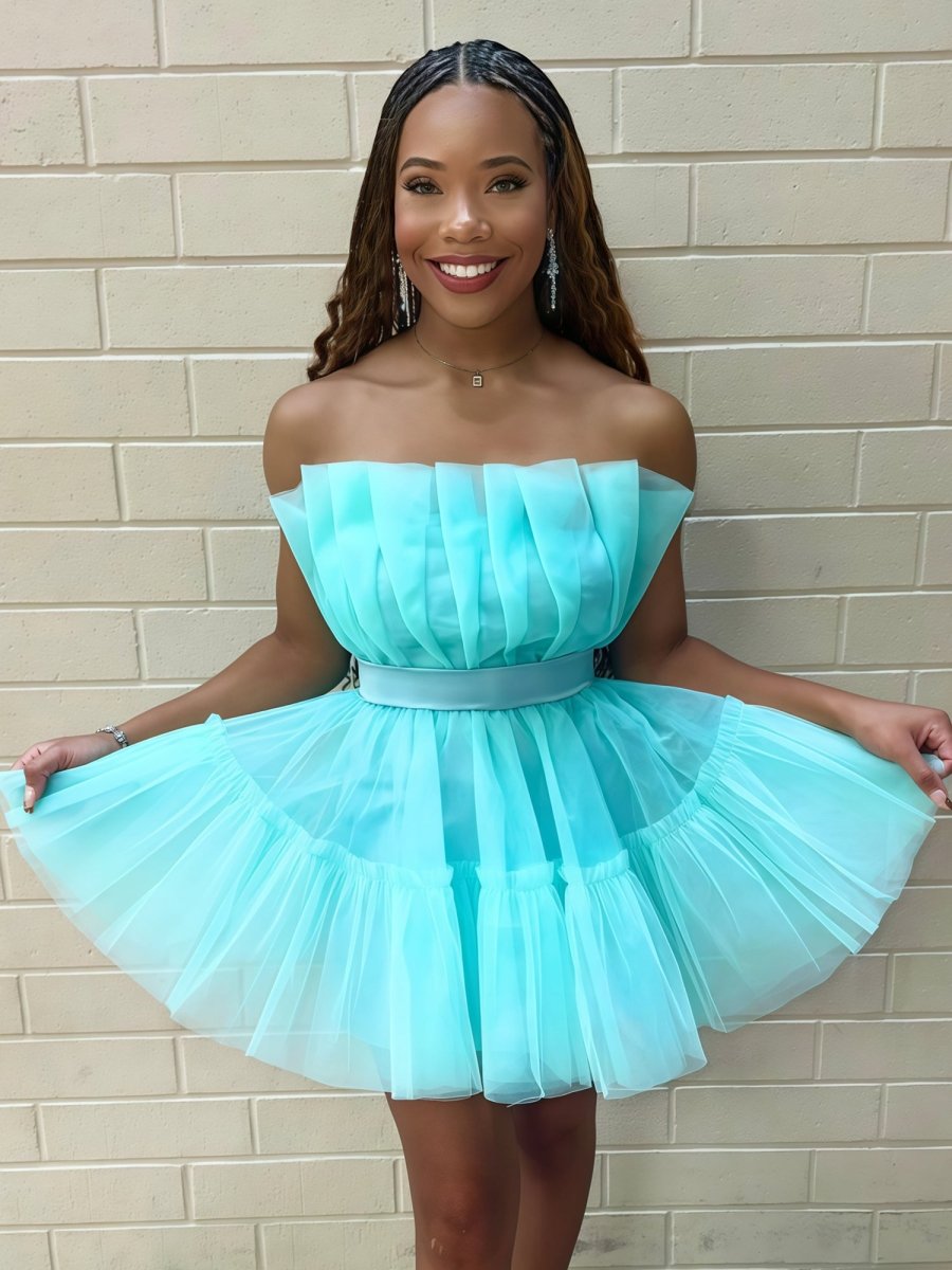 Aicha | Turquoise - Strapless A-Line Ruffles Tulle Homecoming Dress