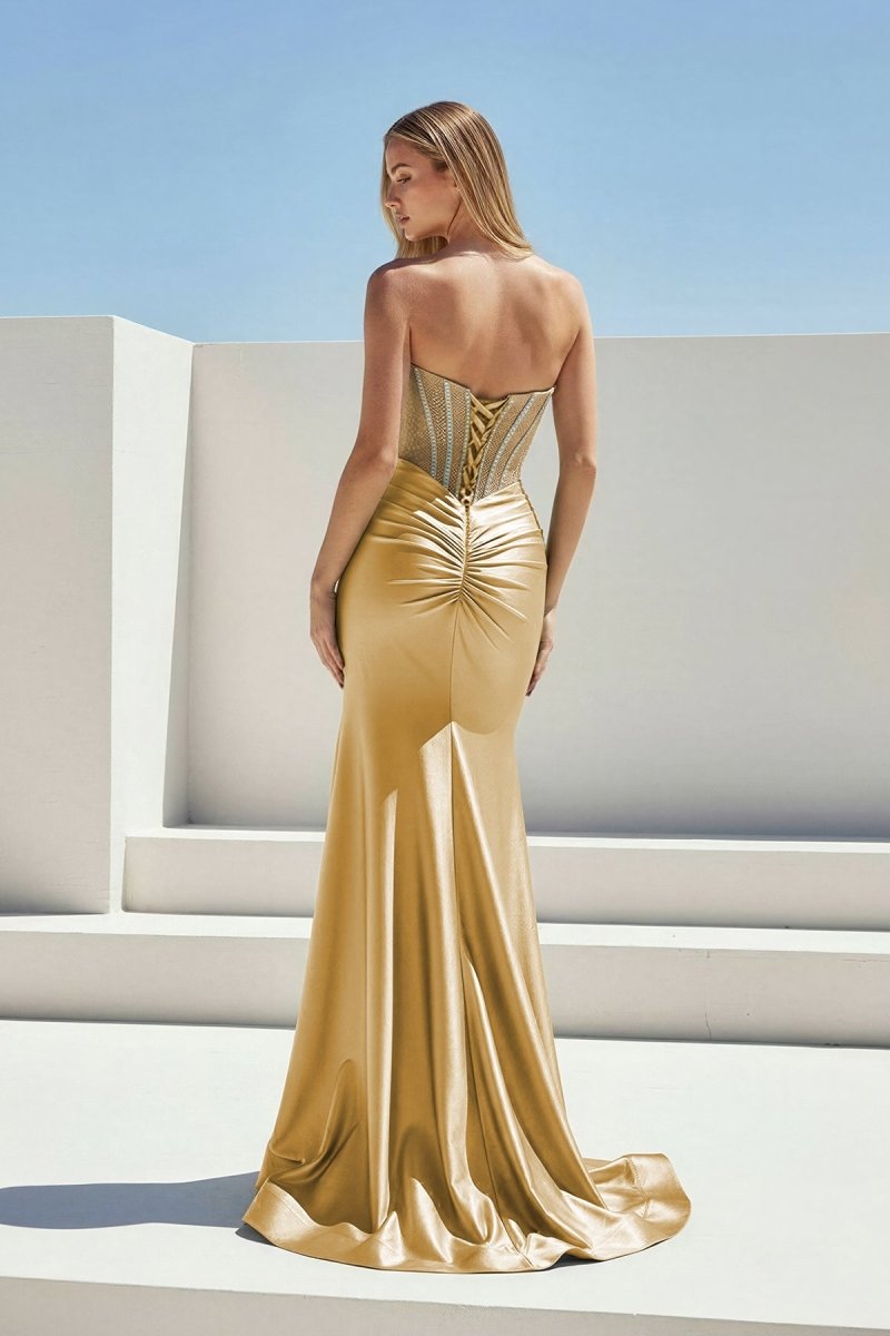 Ailidh | Gold - Strapless Mermaid Satin Beaded Long Prom Dresses With Slit - KissProm