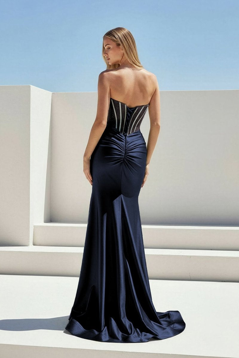 Ailidh | Navy Blue - Strapless Mermaid Satin Beaded Long Prom Dresses With Slit - KissProm