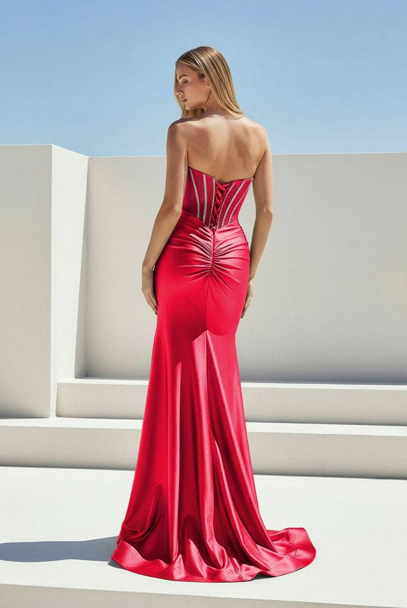 Ailidh | Red - Strapless Mermaid Satin Beaded Long Prom Dresses With Slit - KissProm
