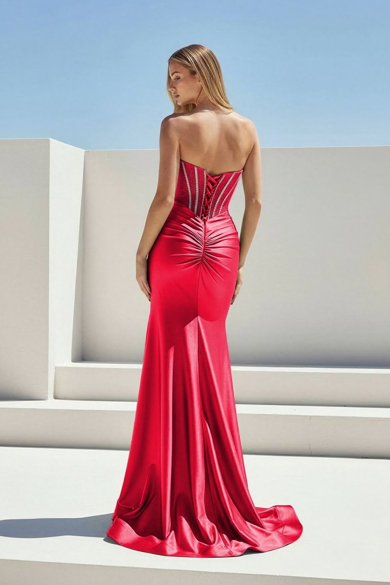 Ailidh | Red - Strapless Mermaid Satin Beaded Long Prom Dresses With Slit - KissProm