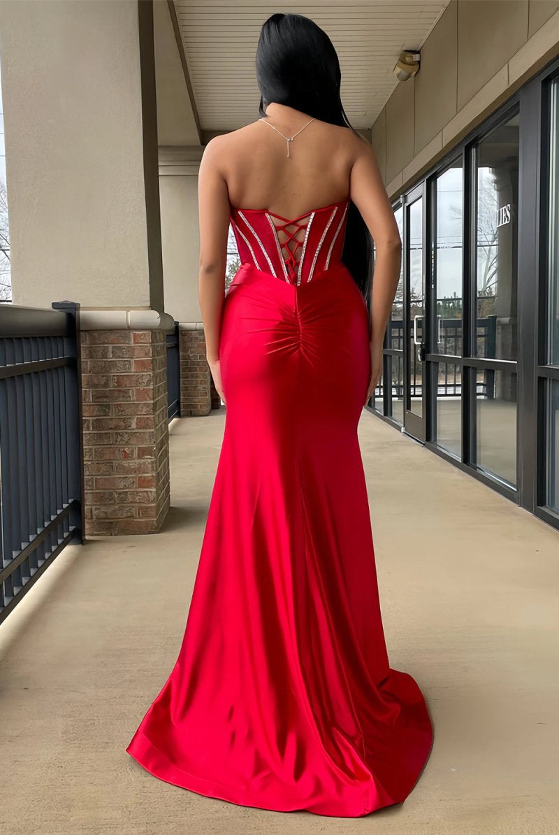 Ailidh | Red - Strapless Mermaid Satin Beaded Long Prom Dresses With Slit - KissProm
