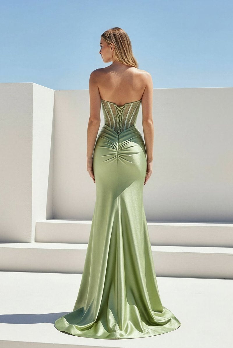 KissProm-Ailidh Sage Strapless Mermaid Satin Beaded Long Prom Dresses With Slit
