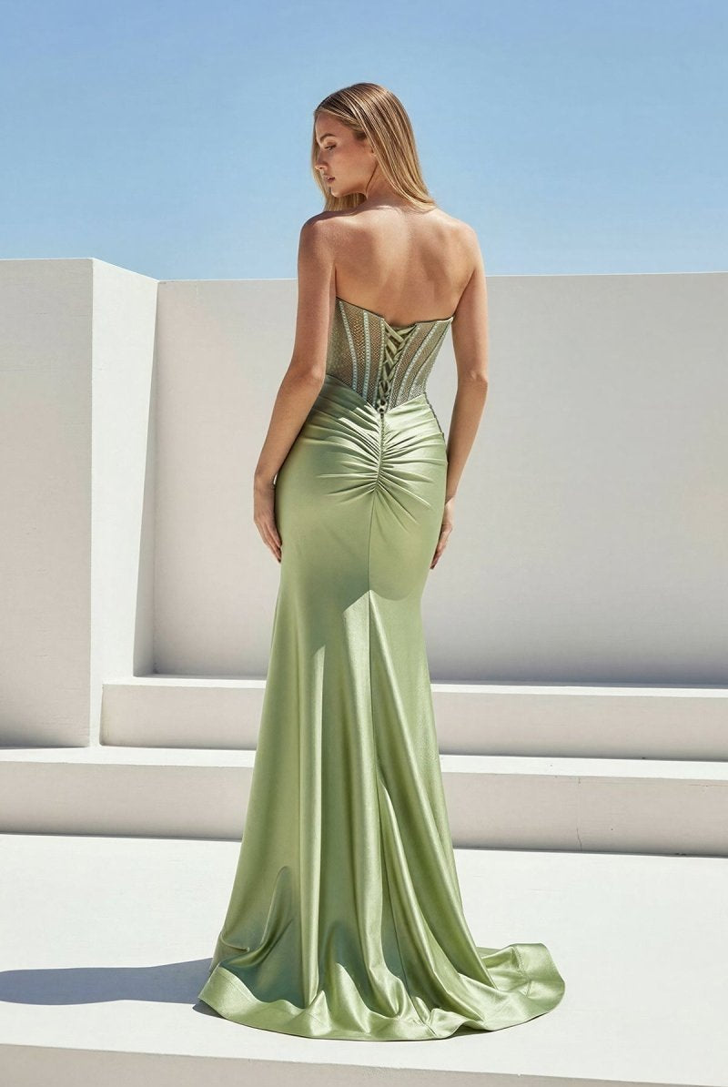 KissProm-Ailidh Sage Strapless Mermaid Satin Beaded Long Prom Dresses With Slit