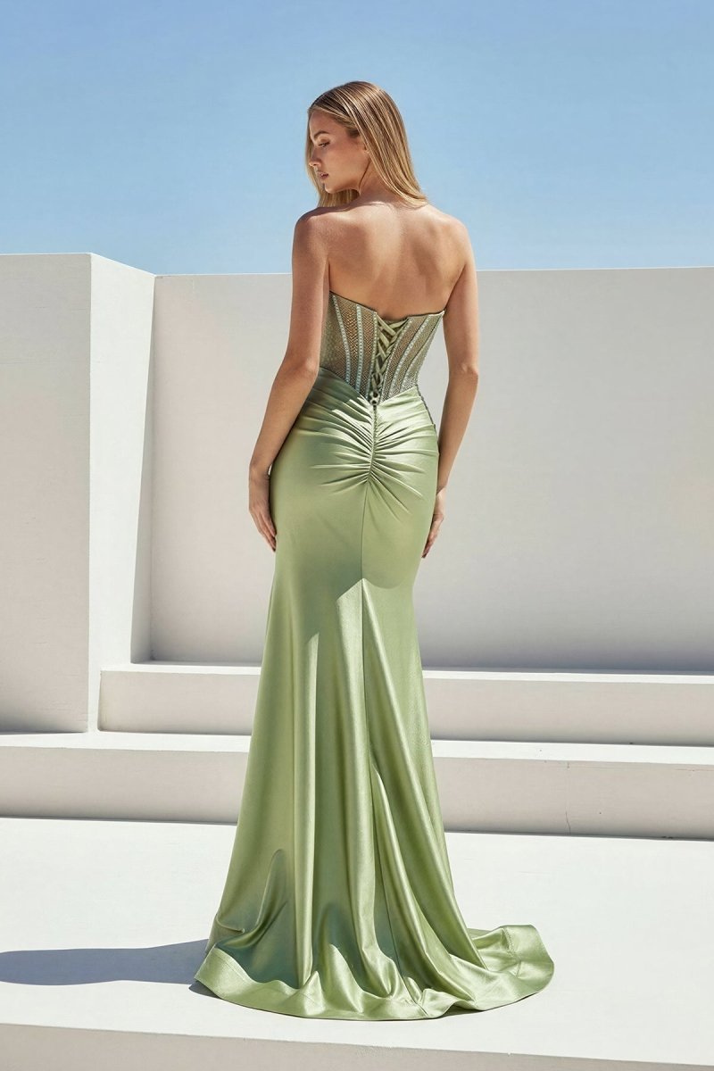 KissProm-Ailidh Sage Strapless Mermaid Satin Beaded Long Prom Dresses With Slit