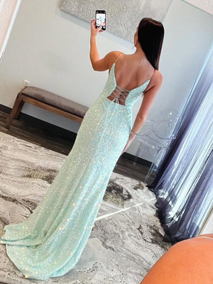 Ailsa | Mint Green Spaghetti Straps Sequins Mermaid Long Prom Dresses With Split - KissProm
