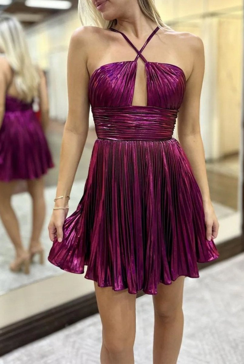 Aivee | Magenta - A-Line Spaghetti Straps Metallic Pleated Short Homecoming Dresses
