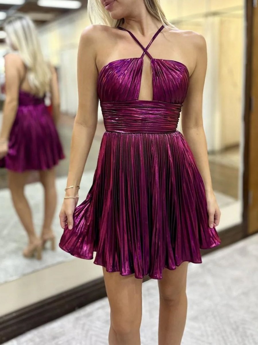 Aivee | Magenta - A-Line Spaghetti Straps Metallic Pleated Short Homecoming Dresses