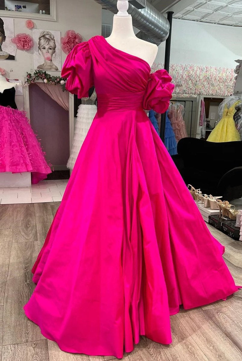 Alan | Fuchsia One - Shoulder A - Line Long Prom Dress with Puff Sleeves - KissProm