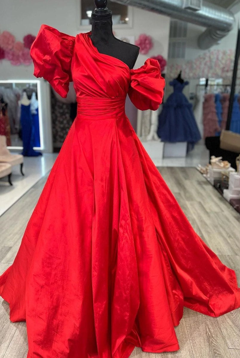 Alan | Fuchsia One - Shoulder A - Line Long Prom Dress with Puff Sleeves - KissProm