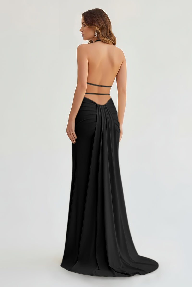 Alaric | Mermaid Deep V Neck Yellow Satin Long Prom Dresses with Slit - KissProm