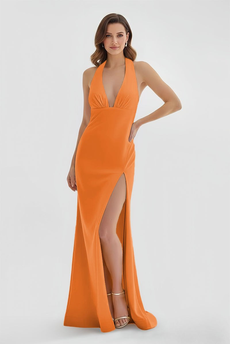 Alaric | Mermaid Deep V Neck Yellow Satin Long Prom Dresses with Slit - KissProm