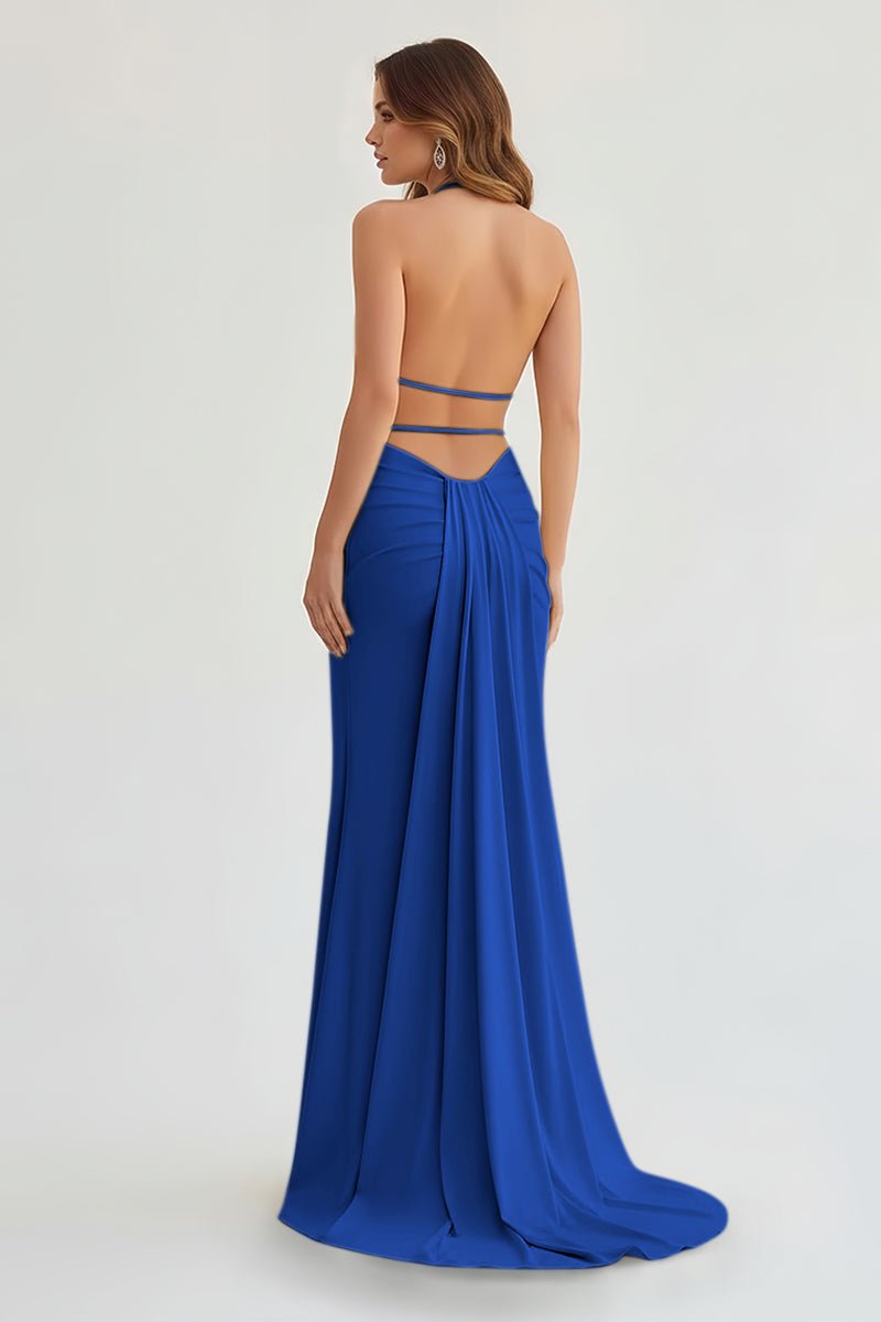 Alaric | Mermaid Deep V Neck Yellow Satin Long Prom Dresses with Slit - KissProm