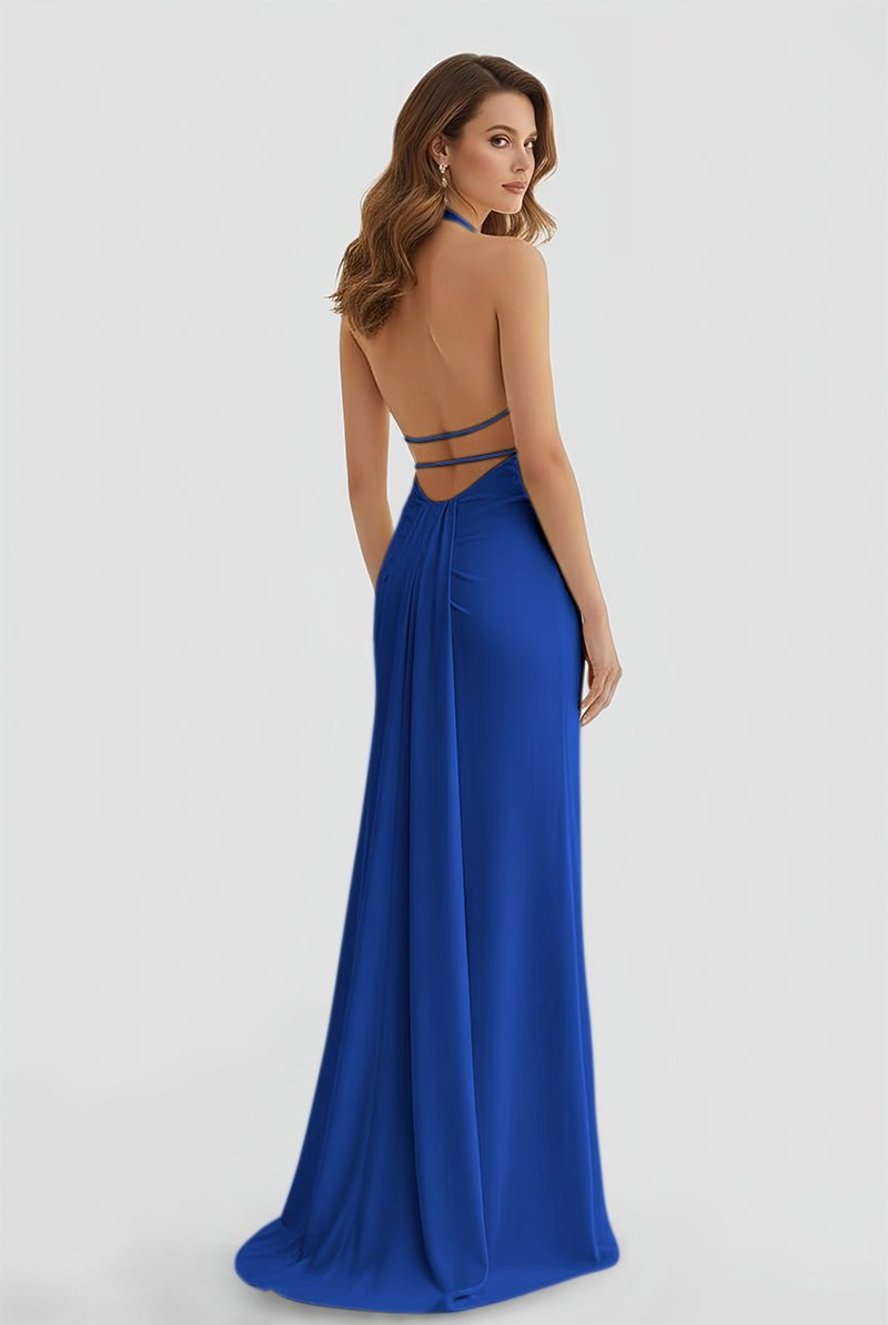 Alaric | Mermaid Deep V Neck Yellow Satin Long Prom Dresses with Slit - KissProm