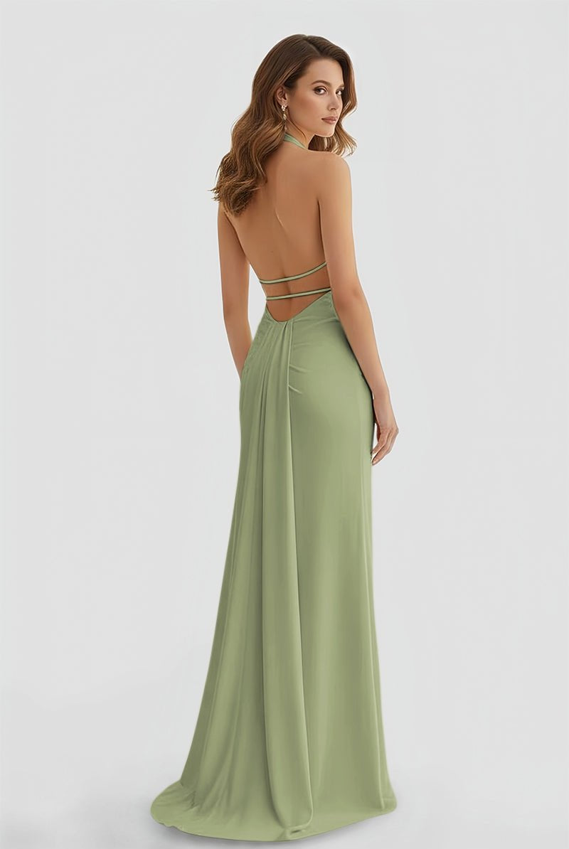 Alaric | Mermaid Deep V Neck Yellow Satin Long Prom Dresses with Slit - KissProm