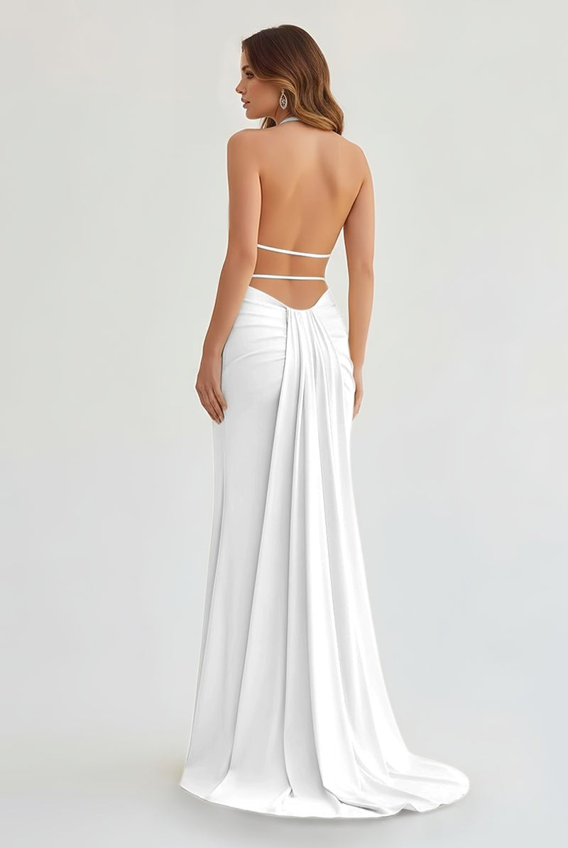 Alaric | Mermaid Deep V Neck Yellow Satin Long Prom Dresses with Slit - KissProm