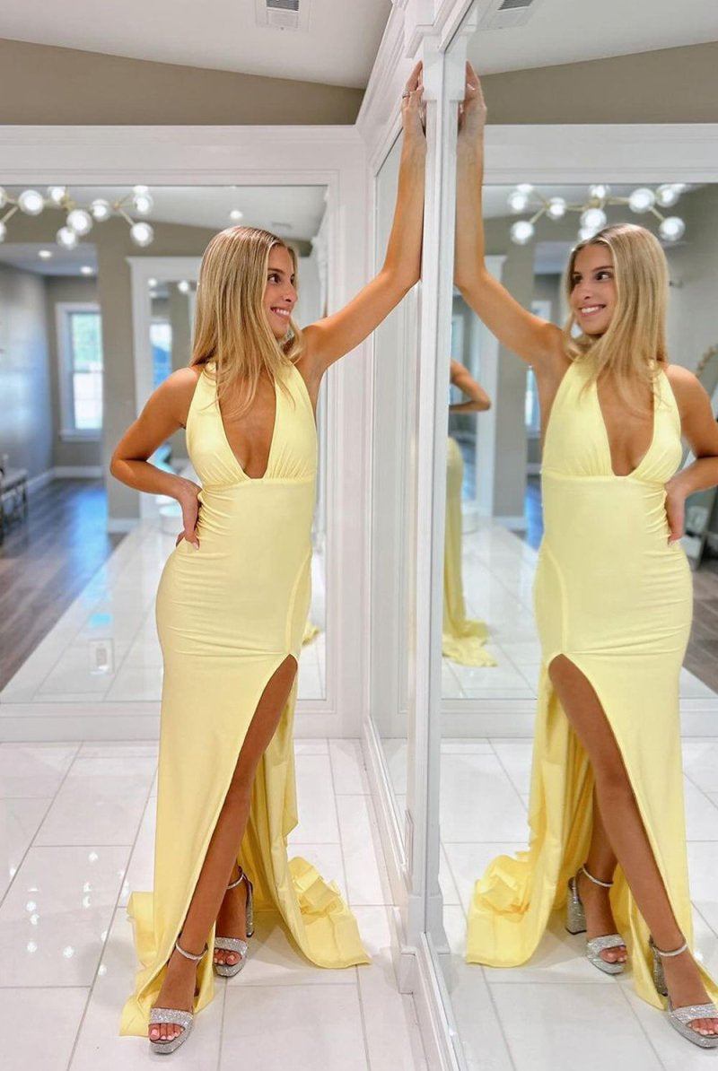 KissProm-Alaric Mermaid Deep V Neck Lemon Satin Long Prom Dresses with Slit