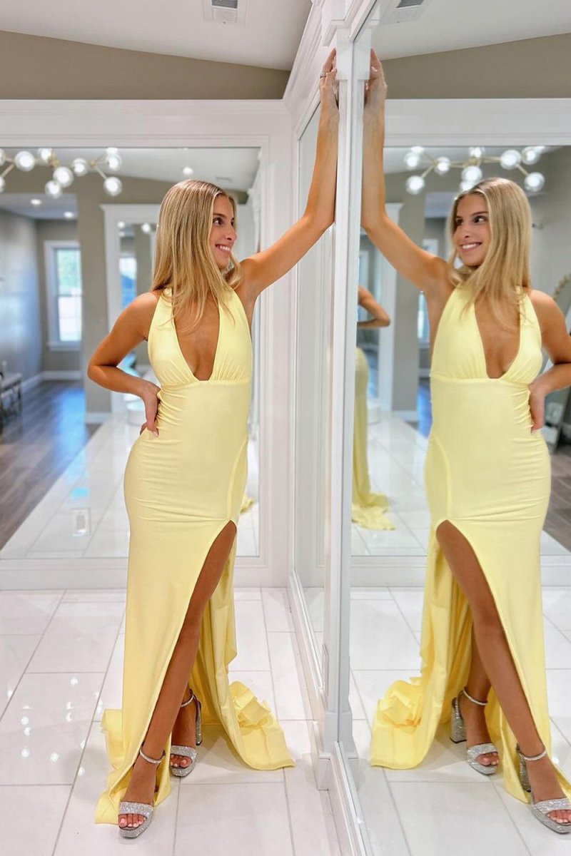 KissProm-Alaric Mermaid Deep V Neck Lemon Satin Long Prom Dresses with Slit
