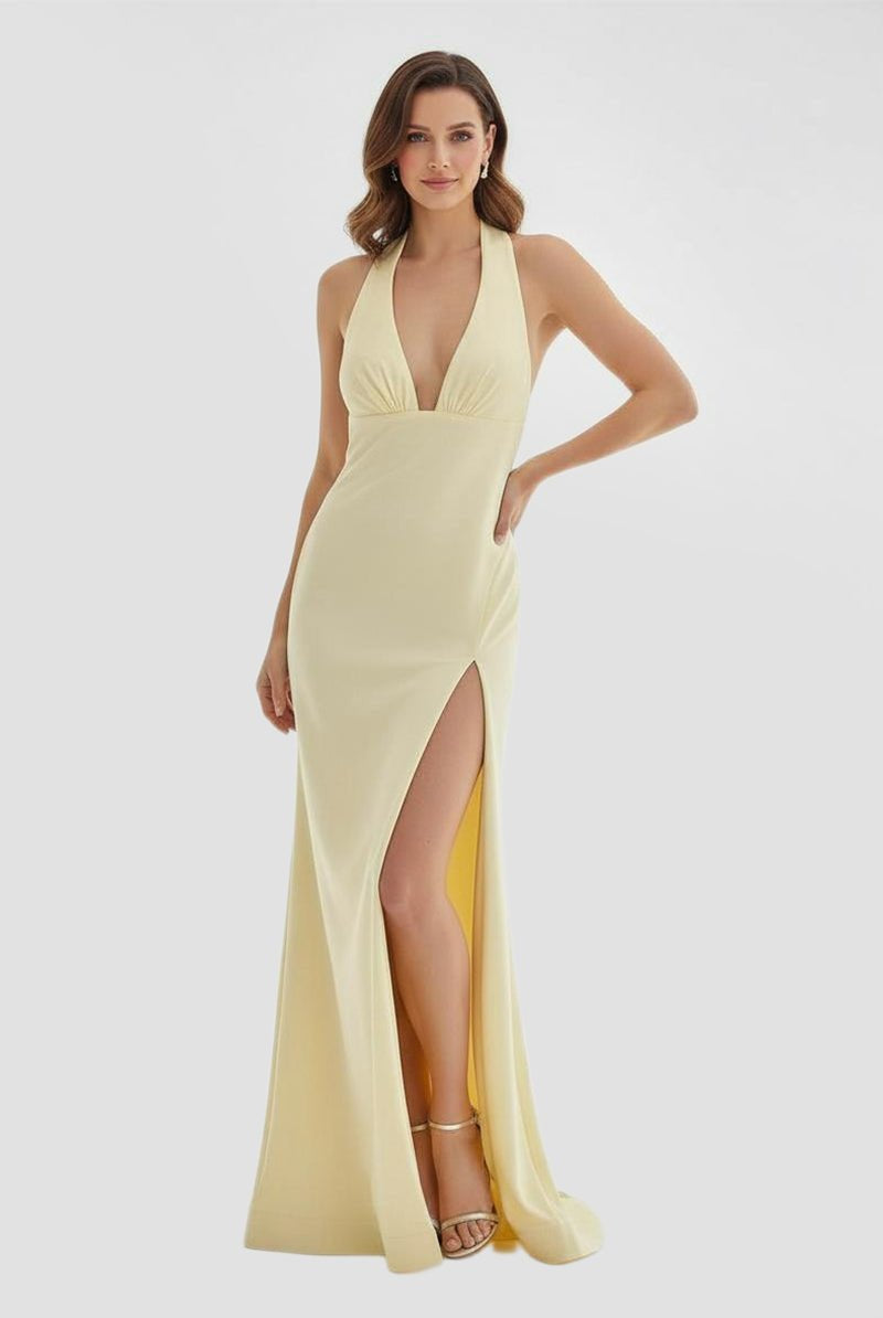 Alaric | Mermaid Deep V Neck Yellow Satin Long Prom Dresses with Slit - KissProm