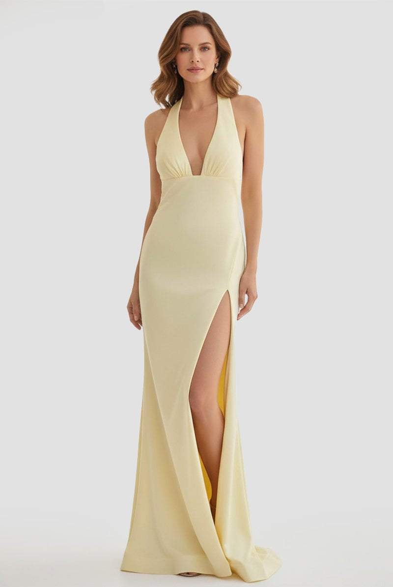 Alaric | Mermaid Deep V Neck Yellow Satin Long Prom Dresses with Slit - KissProm
