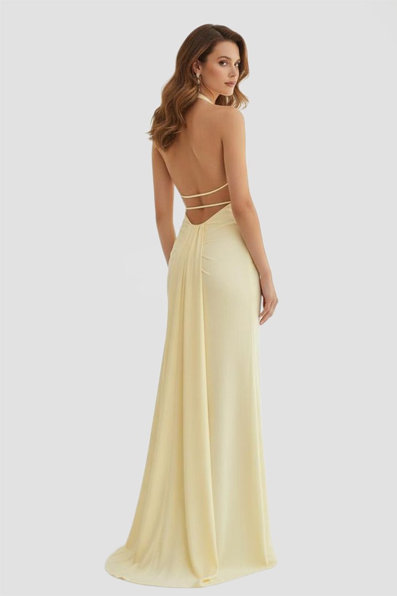 KissProm-Alaric Mermaid Deep V Neck Yellow Satin Long Prom Dresses with Slit