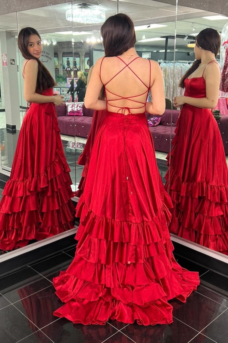 Aldrich | Scoop Neck A Line Lace-Up Ruffle Tiered Red Prom Dress with Slit