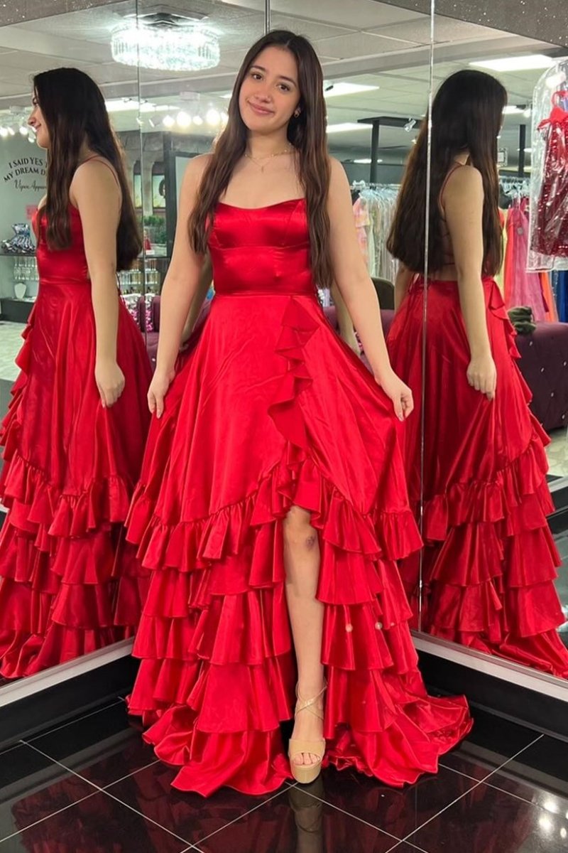 strapless open back dress Sparkly Red Prom Dresses Sexy Mermaid Long Prom Gowns Spaghetti Straps –  angelaweddings main image 0
