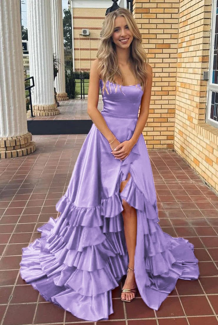 Aldrich | Scoop Neck A Line Lace-Up Ruffle Tiered Red Prom Dress with Slit