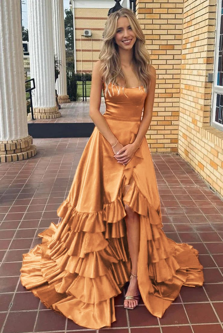 Aldrich | Scoop Neck A Line Lace-Up Ruffle Tiered Red Prom Dress with Slit